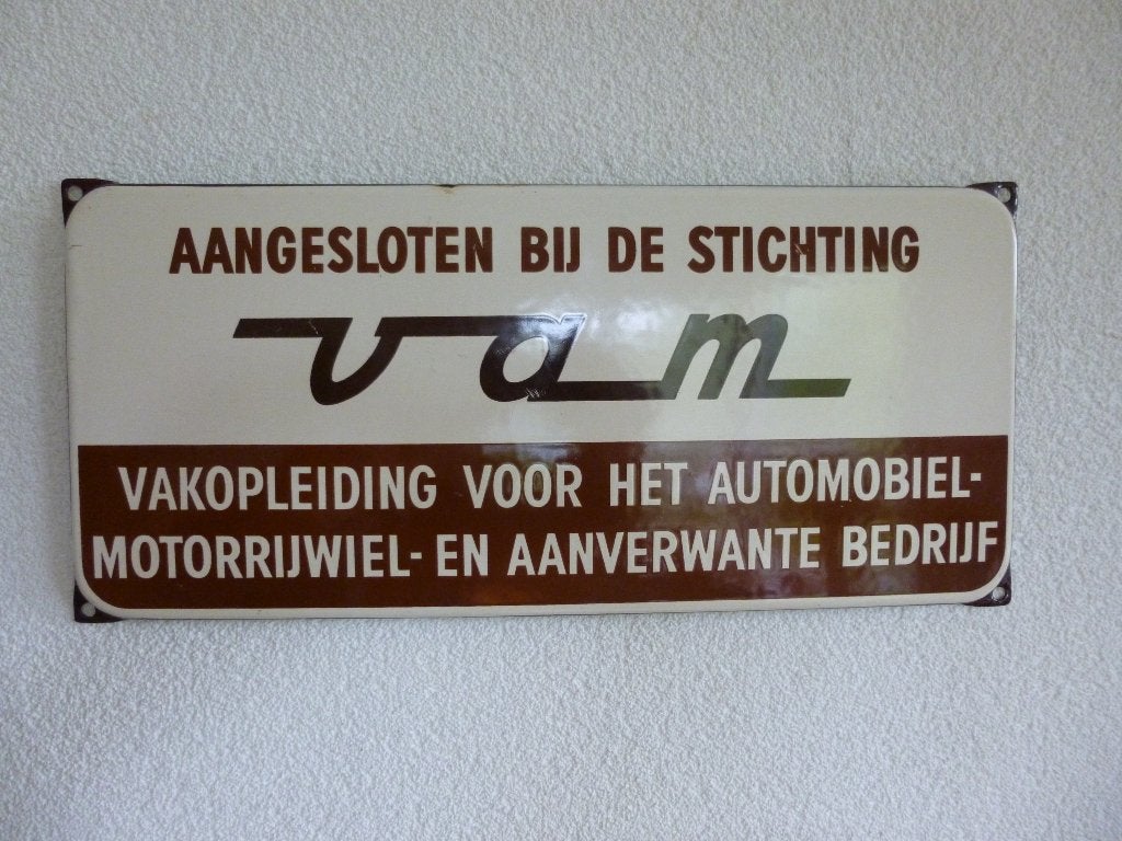 EMAILLE RECLAMEBORD"VAM STICHTING AUTOMOBIELBEDRIJVEN"60'S, Ophalen of Verzenden, Gebruikt, Reclamebord