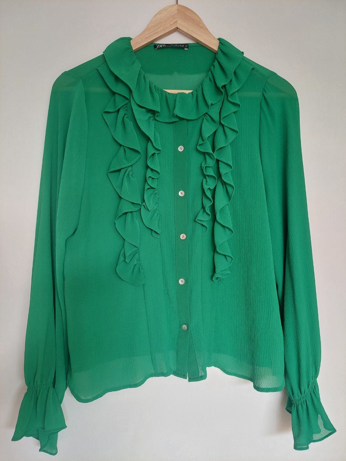 Zara Blouse L Groen met Ruches en Knoopjes, Zara, Maat 42/44 (L), Ophalen of Verzenden, Zo goed als nieuw