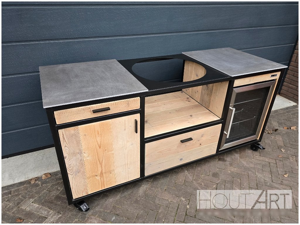 Buitenkeuken Kamado Egg stalen frame incl. koelkast, Houtskool, Info@hout-art.nl, Nieuw, Borretti