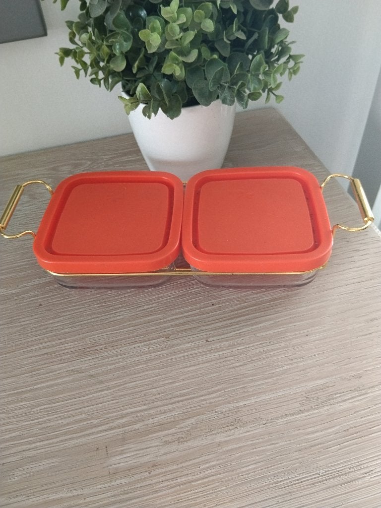 Retro metalen houder met 2 glazen opbergdozen in, Ophalen of Verzenden, Huis en Inrichting