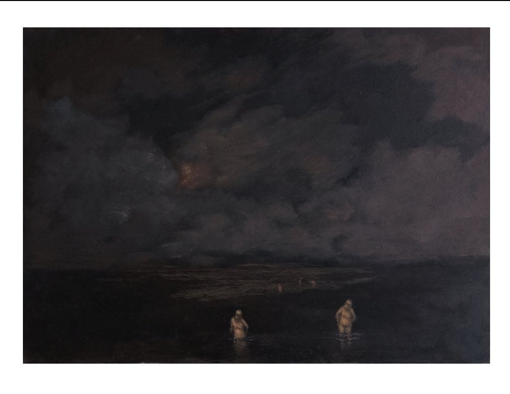 Landschap met Badende Mensen (Nachtzwemmers) - Olieverf, Ophalen of Verzenden