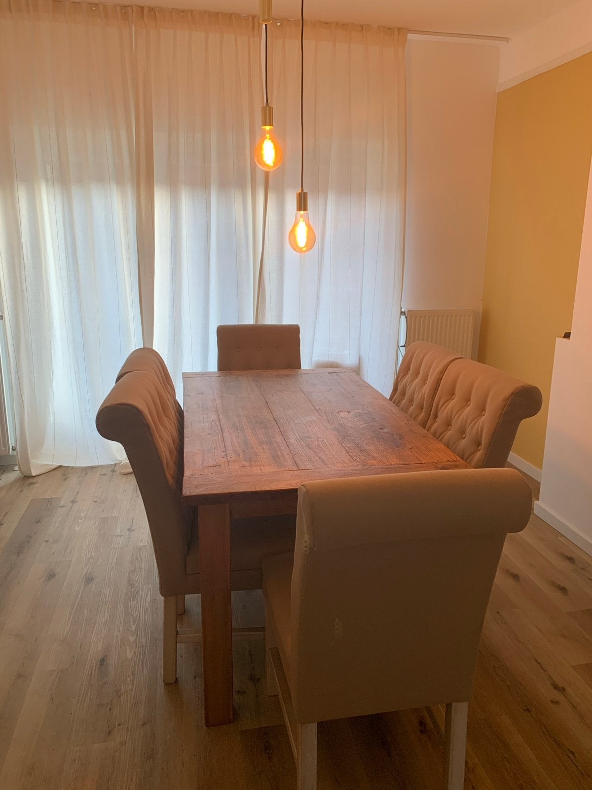 Set van 6 beige eetkamerstoelen, Ophalen, Gebruikt, Overige kleuren, Stof