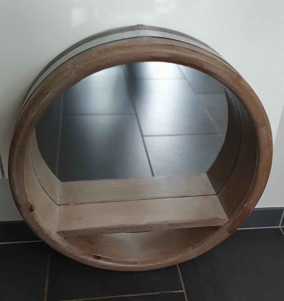 Industriële Ronde Houten Spiegel met Zinken Rand & Plankje, Huis en Inrichting, Ophalen, Rond, Zo goed als nieuw, Minder dan 100 cm