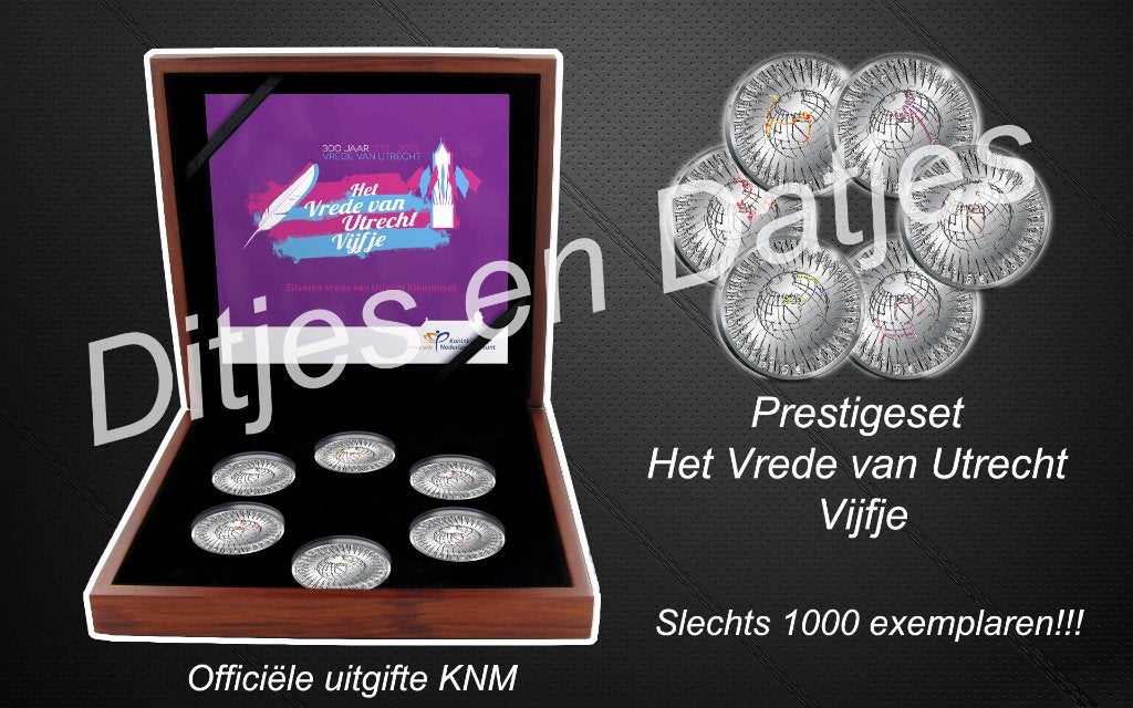 Zilveren kleurset Vrede van Utrecht Vijfje, Postzegels en Munten, Munten | Nederland, Ophalen of Verzenden, Koningin Beatrix, Euro's