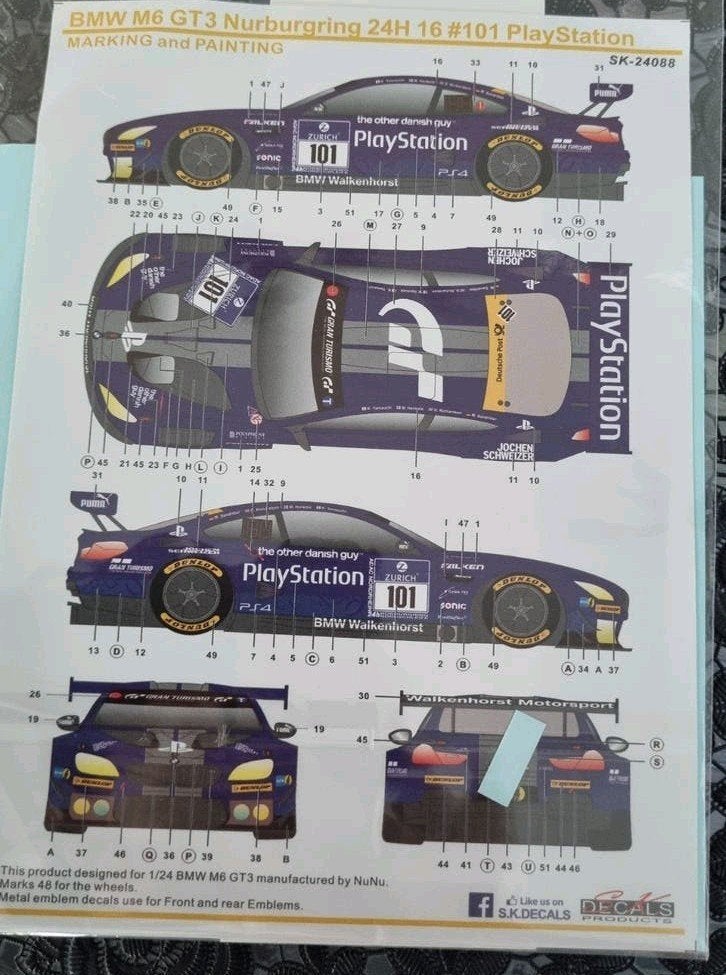 SK Decals BMW M6 GT3 Nürburgring 24H 16 #101 PlayStation, Ophalen of Verzenden, Nieuw, Groter dan 1:32, Overige typen