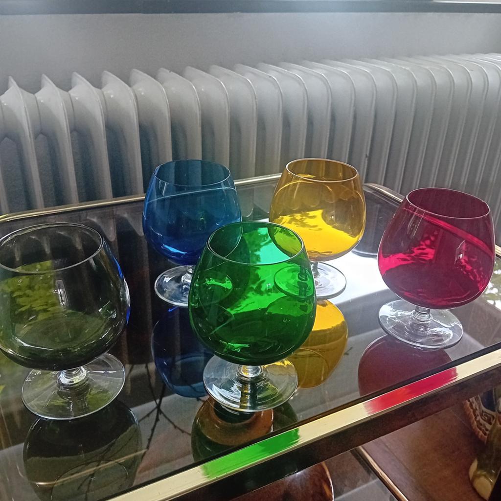 Gekleurde kristallen cognac of likeur glazen. 5 stuks, 11 cm, Antiek en Kunst, Antiek | Glas en Kristal, Ophalen of Verzenden
