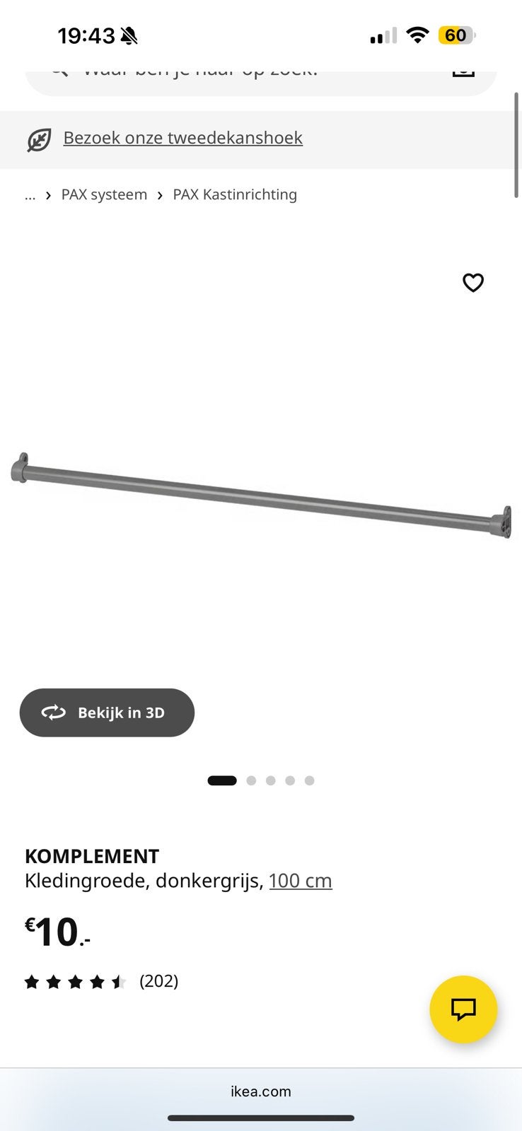 Pax kast ikea komplement kledingroede 100cm, Ophalen, Gebruikt, 50 tot 100 cm, Minder dan 100 cm