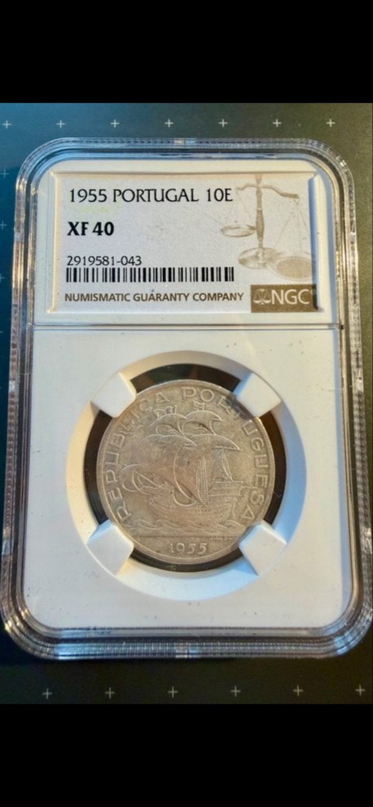 1955 Portugal 10E XF 40 NGC Zilveren Munt, Ophalen of Verzenden, Overige landen, Losse munt, Zilver