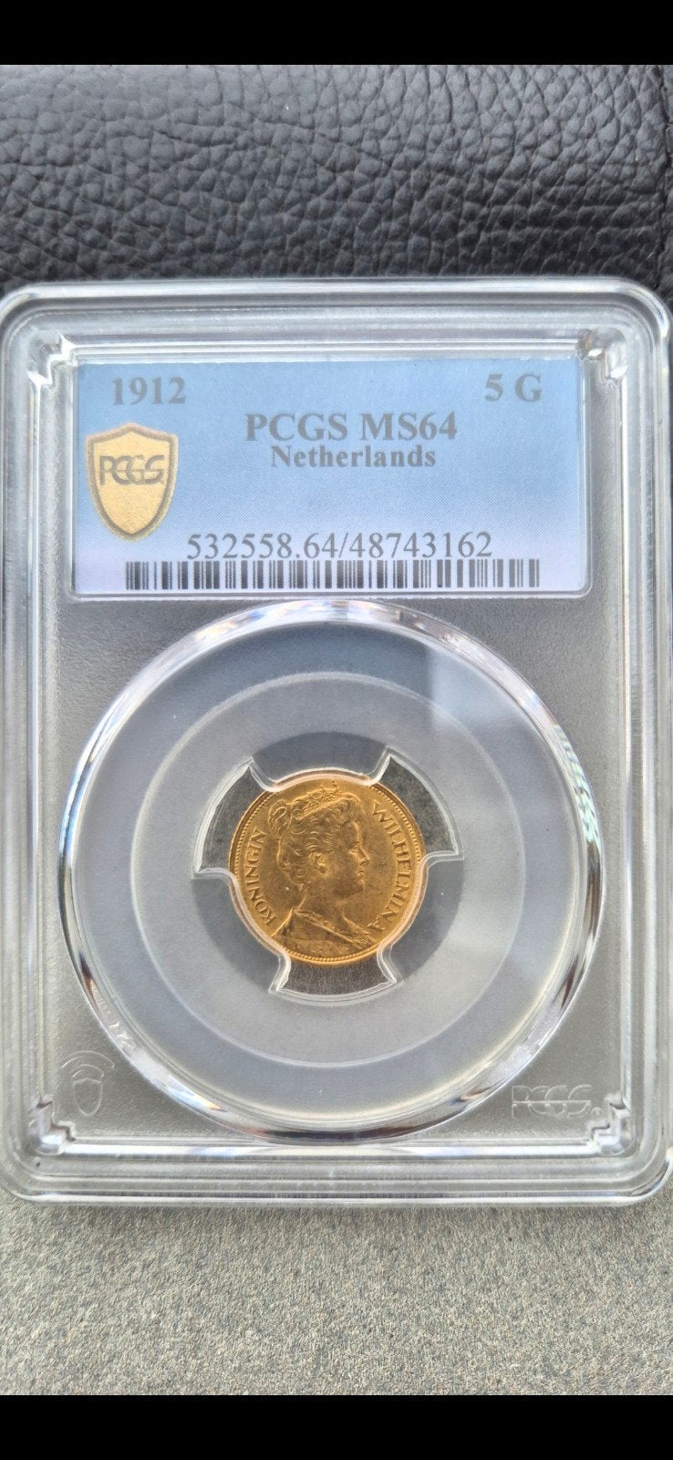 Gouden 5 Gulden Koningin Wilhelmina 1912 PCGS MS64, Postzegels en Munten, Verzenden, 5 gulden, Goud, Koningin Wilhelmina