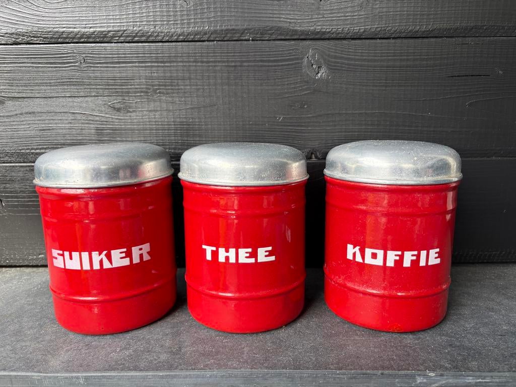 Nr13 Vintage voorraadpotten: Suiker, Thee, Koffie (rood), Antiek en Kunst, Antiek | Emaille, Ophalen of Verzenden