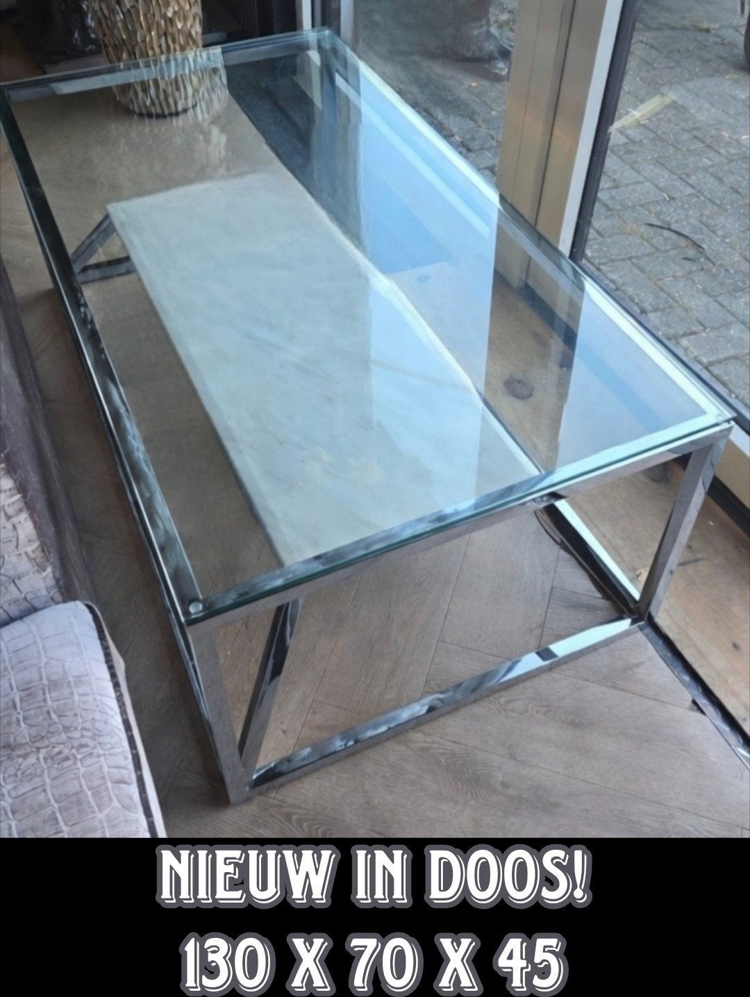 Luxe Glazen Salontafel Chroom (130x70x45) – NIEUW IN DOOS!, Ophalen, 100 tot 150 cm, Nieuw, Glas
