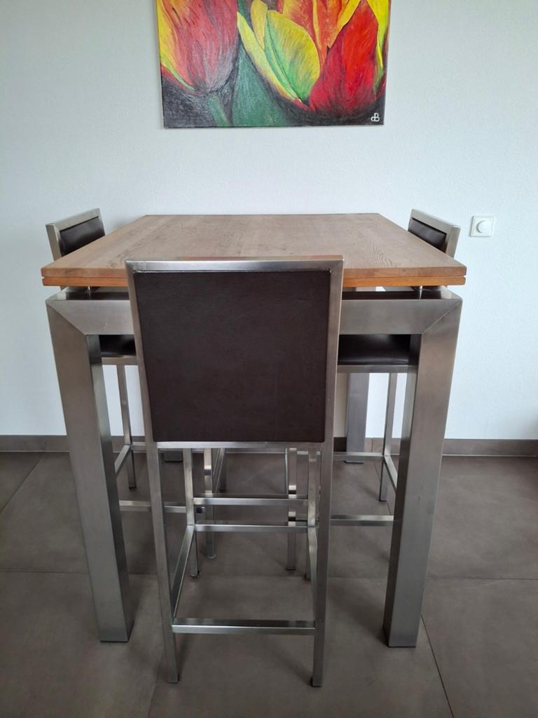 Mooie hoge tafel met 3 stoelen RVS en hout, Ophalen, Gebruikt