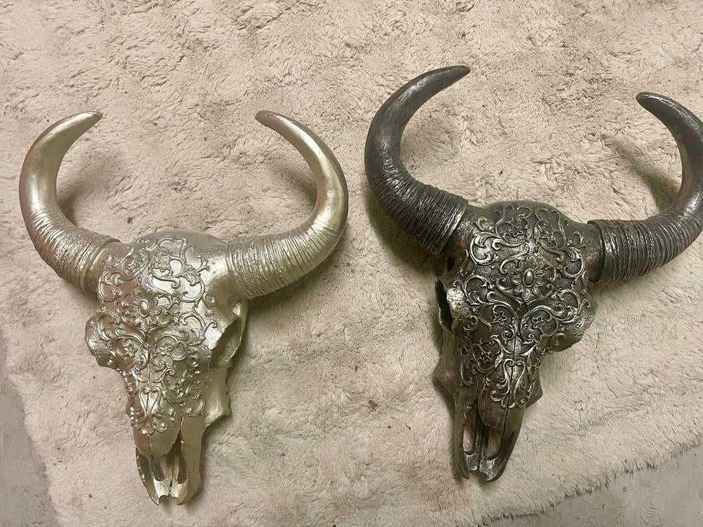 Decoratieve Buffelschedels - Zilver en Antraciet Zilver, Zo goed als nieuw, Minder dan 100 cm, Metaal, Ophalen