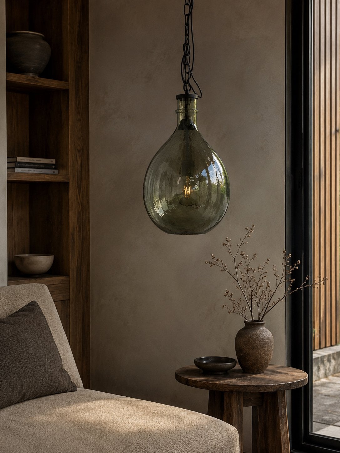 Industriele glazen hanglamp - Vintage stijl groen, Ophalen, Zo goed als nieuw, Glas, E27 (groot)