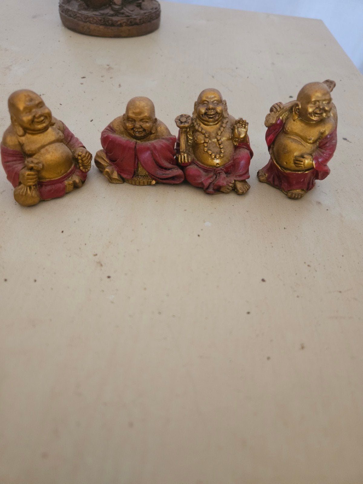 Set van 4 lachende Boeddha beeldjes, Gebruikt, Ophalen of Verzenden, Meerkleurig, Set