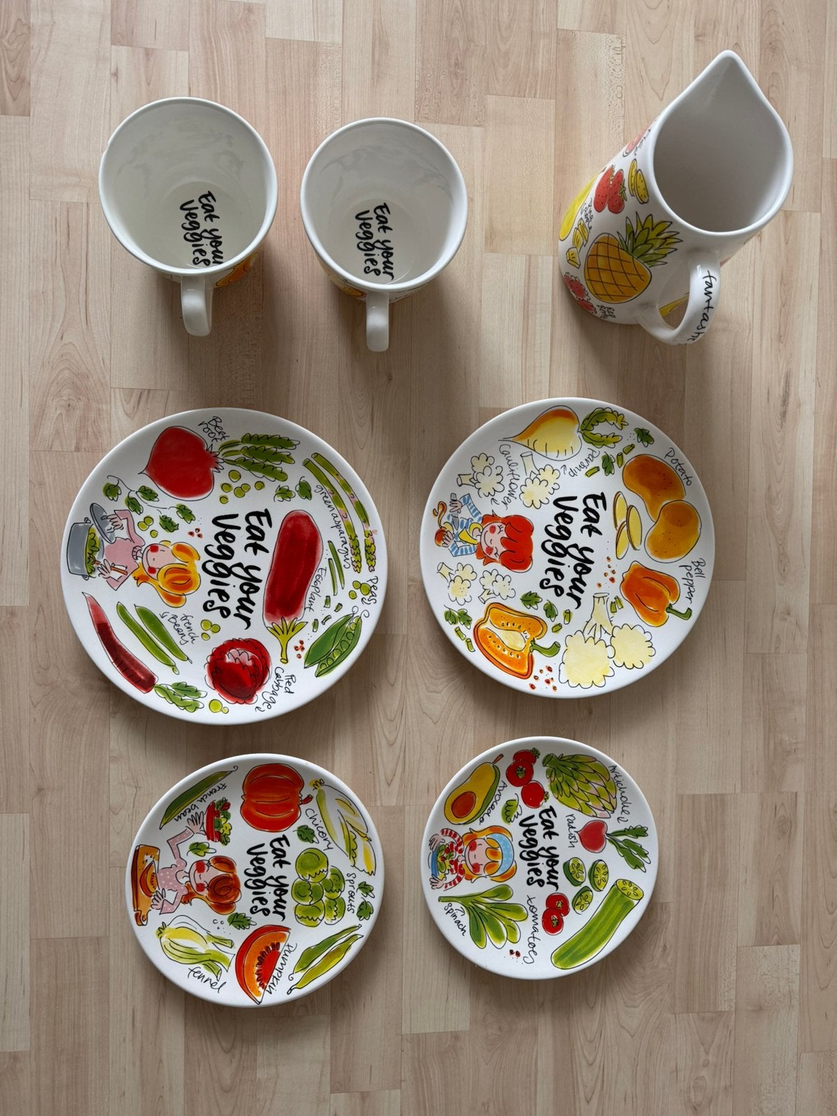Blond serviesset Eat your veggies, Huis en Inrichting, Keuken | Servies, Ophalen, Gebruikt, Bord(en), Aardewerk