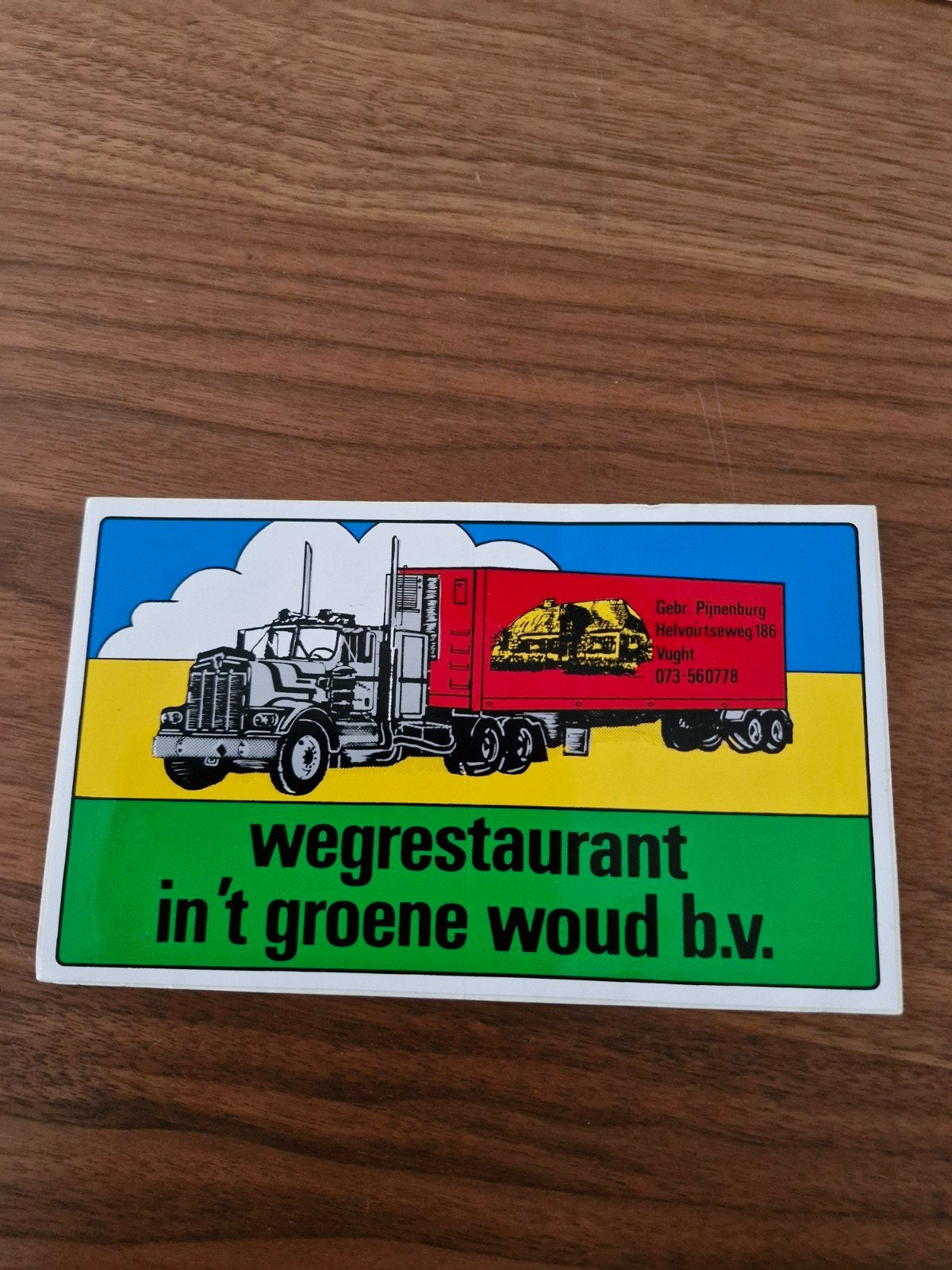 712 Vintage sticker wegrestaurant in 't groene woud b.v., Verzamelen, Ophalen of Verzenden, Zo goed als nieuw, Auto of Motor