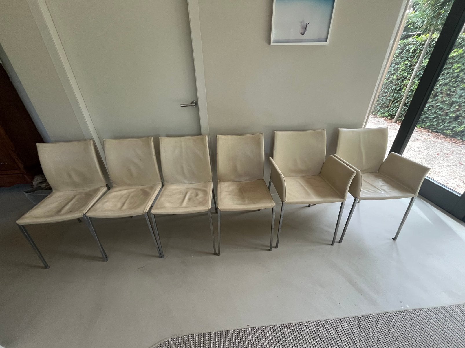 6 Zanotta eetstoelen Lia 4 x 2086 + 2 x 2088 leer, Ophalen, Modern design, Gebruikt, Overige kleuren