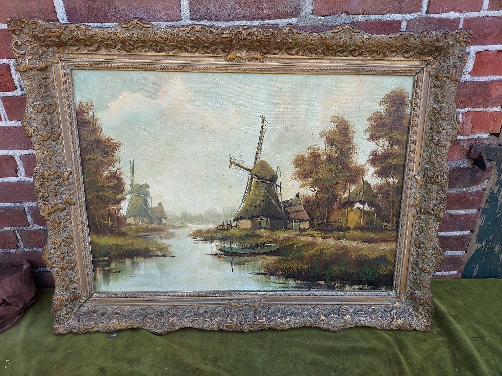Schilderij, molens aan de vaart., Ophalen, Nederlandse school, Doek, Bijzondere lijst