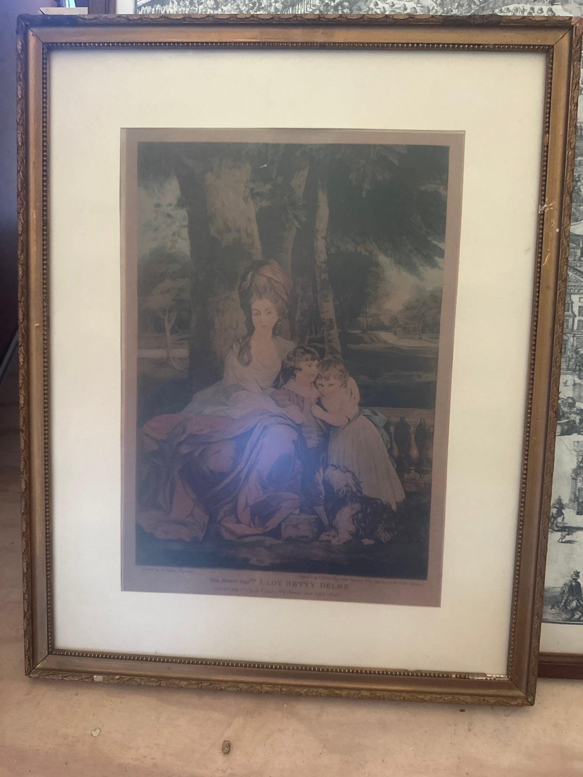 Antieke ingelijste prent: Lady Betty Delmé en kinderen, Antiek en Kunst, Kunst | Schilderijen | Klassiek, Ophalen of Verzenden
