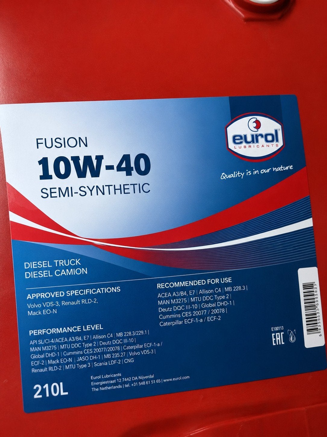 Eurol Fusion 10W-40 Semi-Synthetische Dieselolie 210L, Ophalen