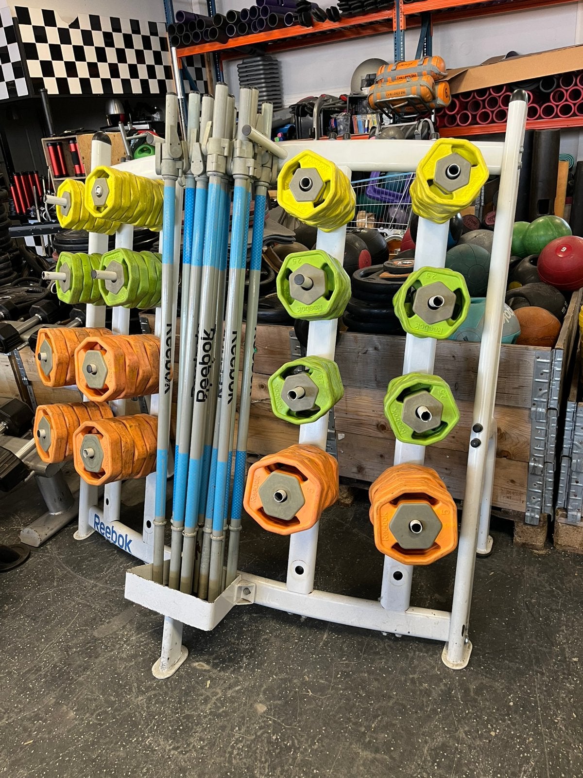 15 x reebok rep bodypump sets incl rek, Ophalen, Gebruikt, 15 x bodypump set, Reebok