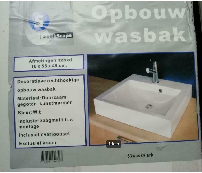 Wasbak vierkant wit, Ophalen, Nieuw, Steen, Wastafel