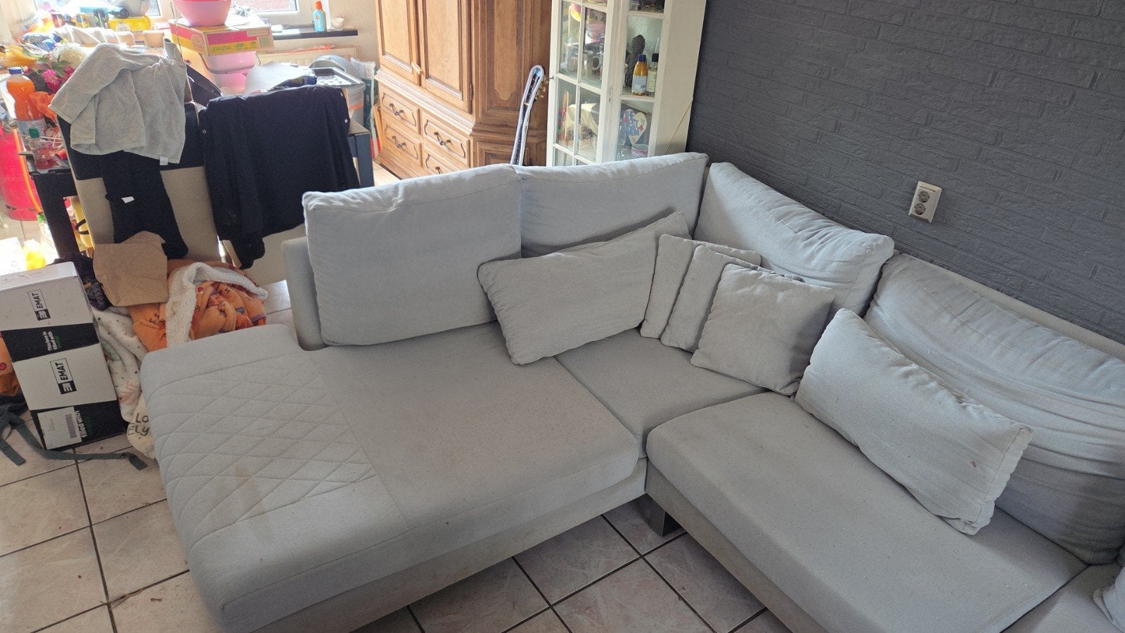 Grote hoekbank met chaise longue - Grijs stof, Huis en Inrichting, Ophalen, 250 tot 300 cm, Gebruikt, Hoekbank