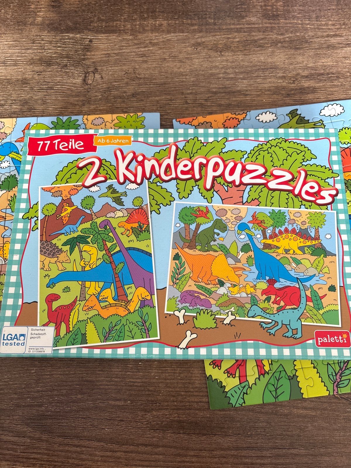 2 Kinderpuzzels Dinosaurus 77 stukjes - Paletti, Ophalen of Verzenden, Meer dan 50 stukjes, Gebruikt, 6 jaar of ouder