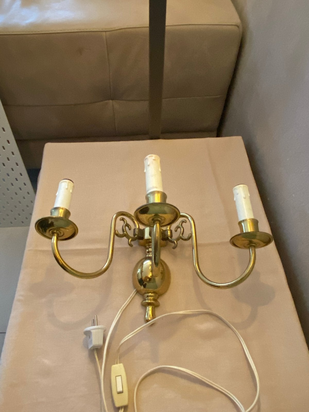 Vintage Messing Wandlamp met 3 Kaarsvormige Lichten, Ophalen of Verzenden