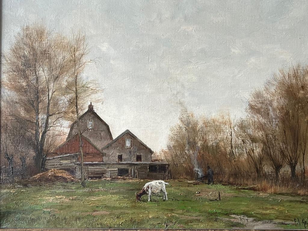 FJ Goosen, landschap met boerderij en geit, Antiek en Kunst, Ophalen