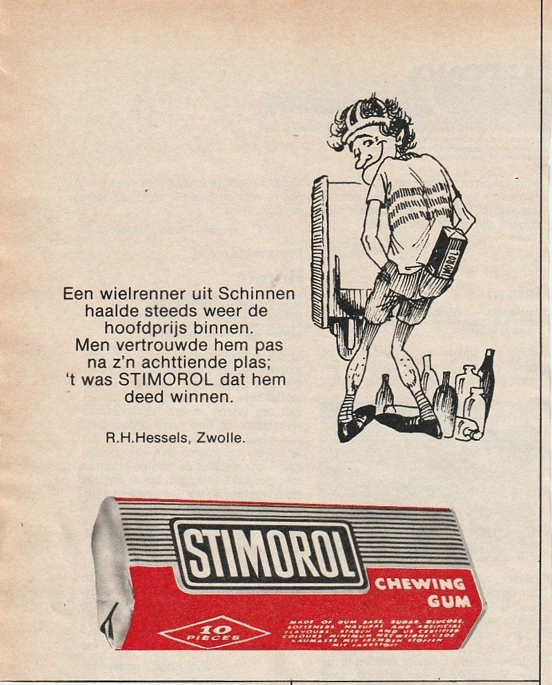 Retro reclame 1979 Stimorol kauwgum wielrenner uit Schinnen, Verzenden, Overige typen