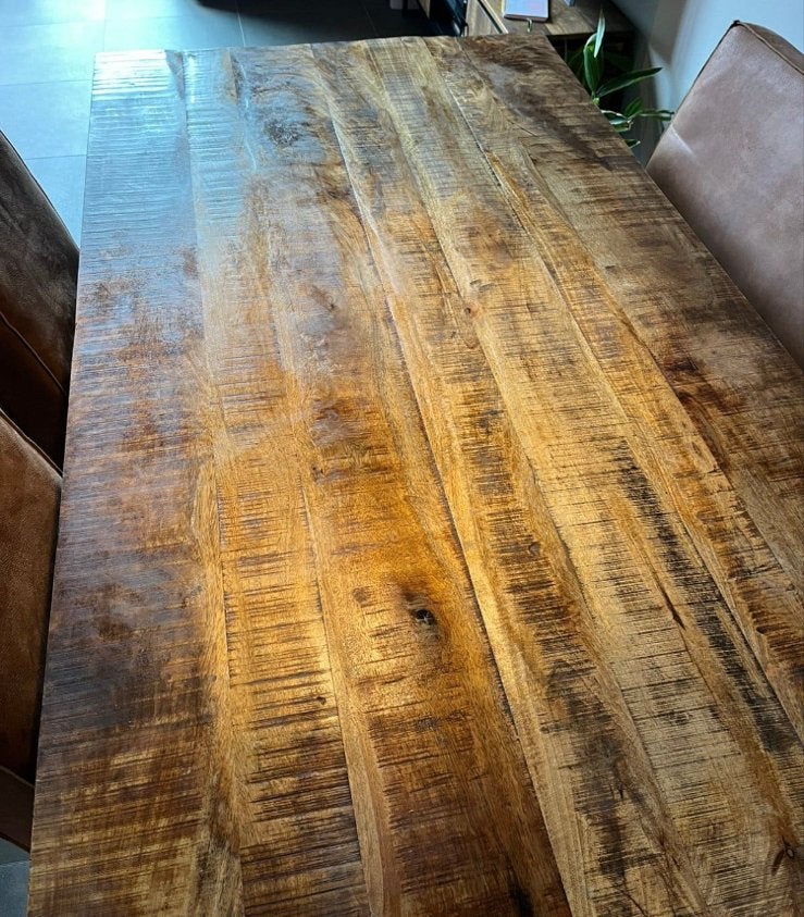 Mooie houten eettafel met metalen onderstel, Ophalen, Gebruikt, Overige houtsoorten