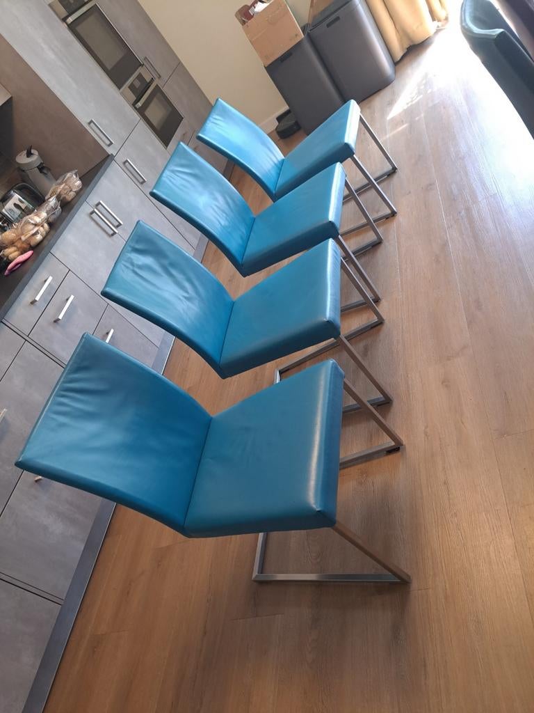 4 leren Petrol eetkamer stoelen van Bert Plantagie, Ophalen, Blauw, Leer, Vier