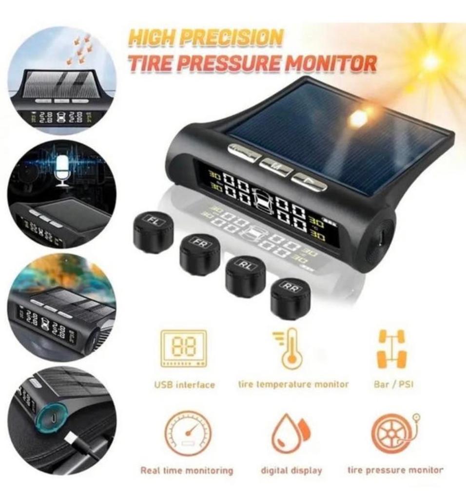 Draadloos TPMS Bandenspanningsmeter - Zonne-energie - Zwart, Ophalen of Verzenden, Zo goed als nieuw