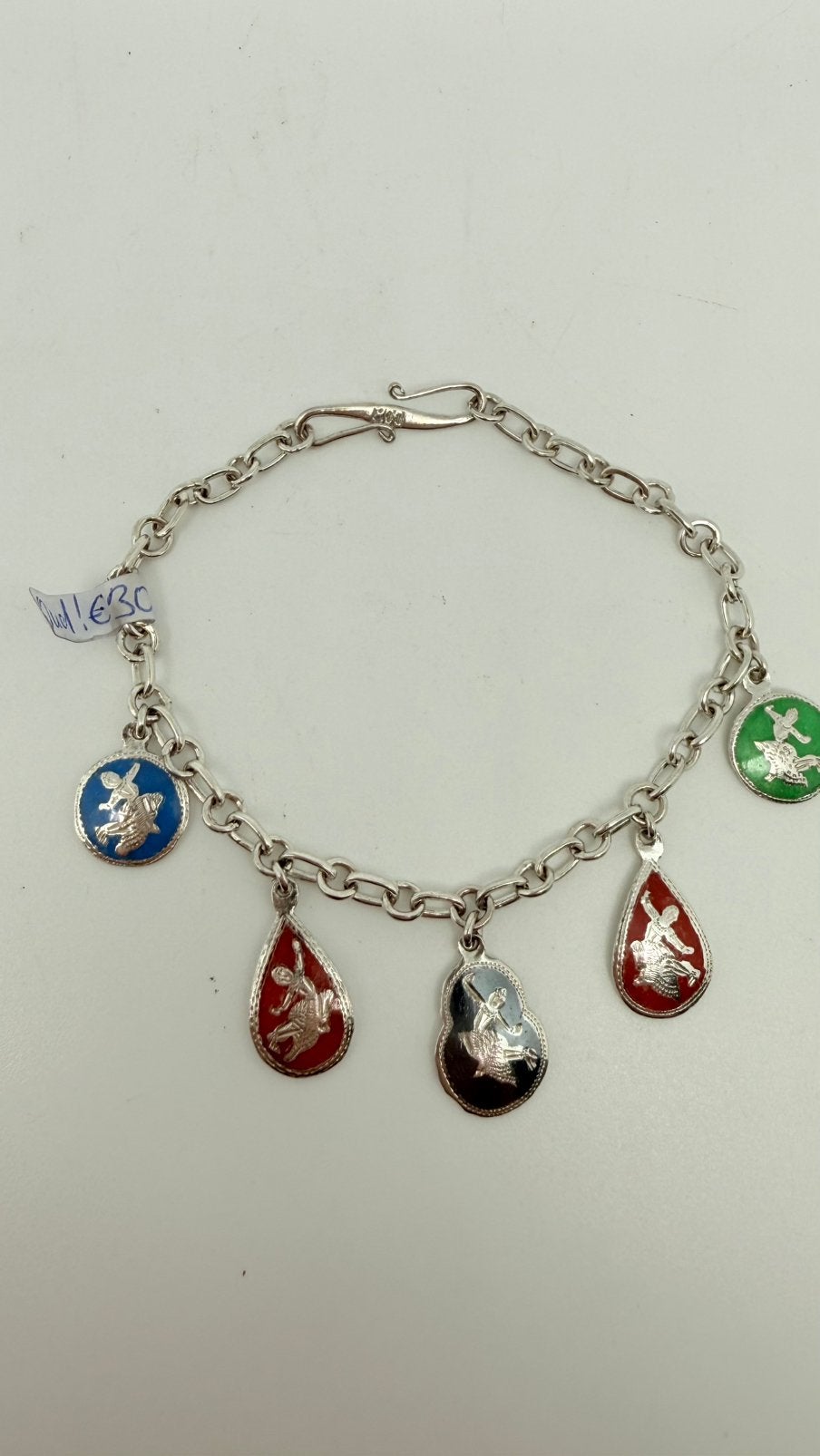 Oud zilveren armband met 5 geëmailleerde bedels Thailand!, Sieraden, Tassen en Uiterlijk, Armbanden, Verzenden, Zo goed als nieuw