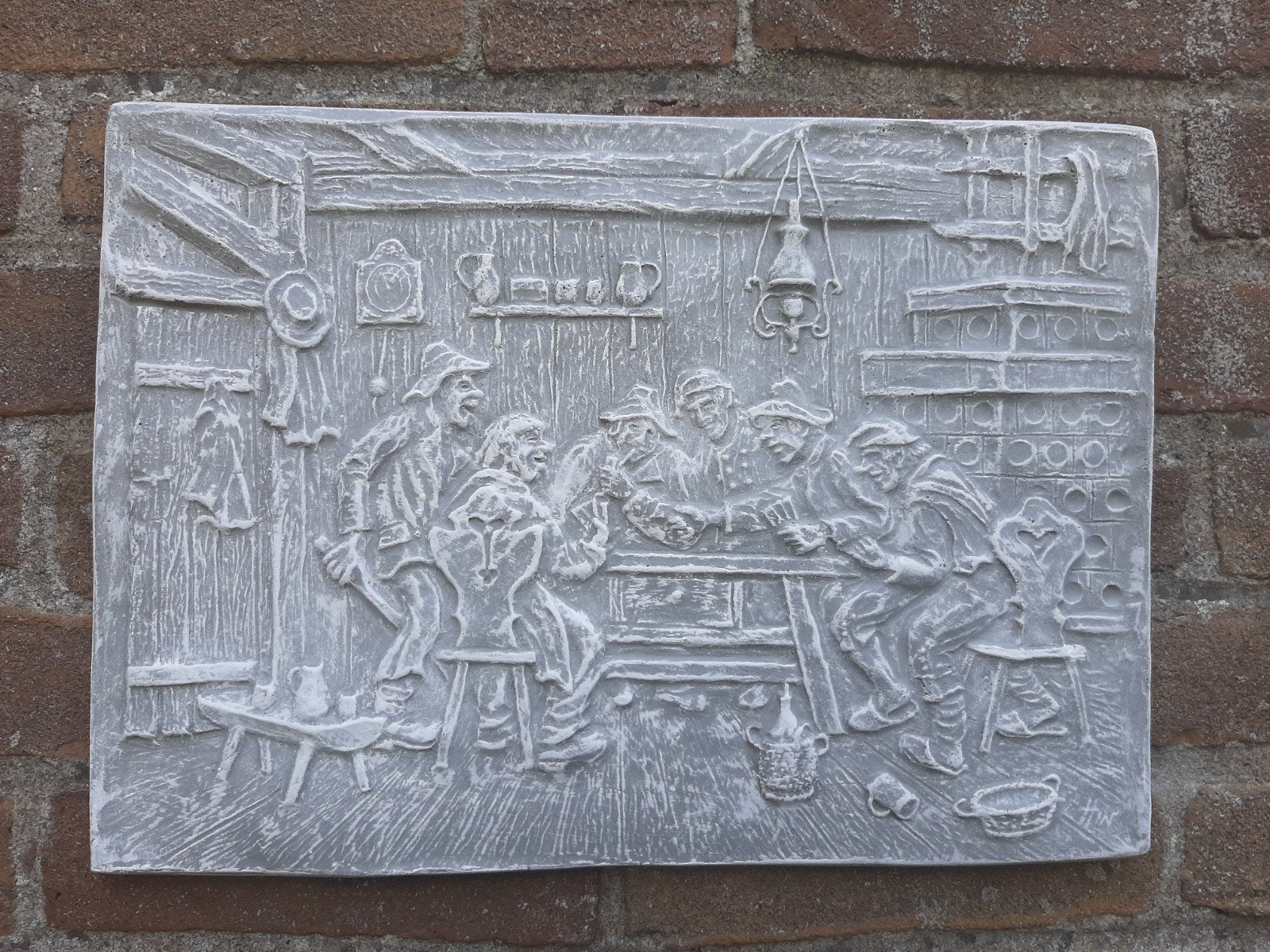 Mannen aan tafel wanddecoratie betonnen beeld tuinbeeld, Ophalen of Verzenden