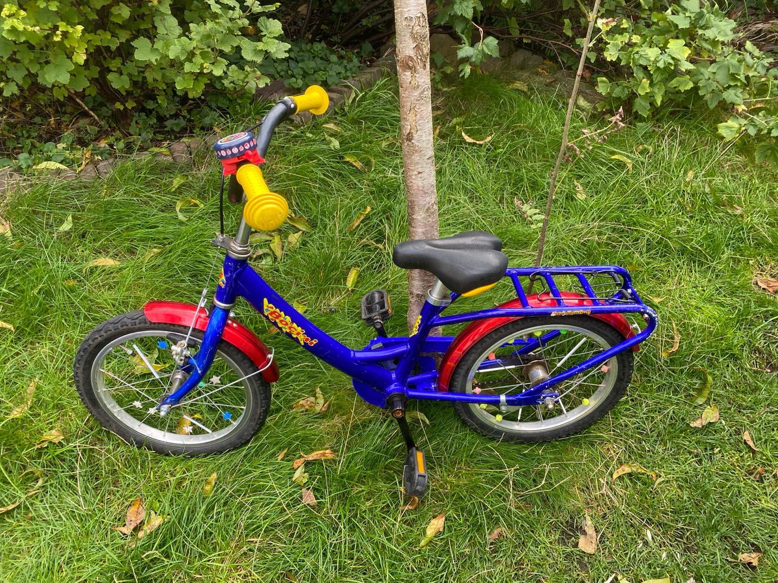 Kinderfiets 16 inch blauw/rood met terugtraprem, Ophalen, Gebruikt, Terugtraprem, Minder dan 16 inch
