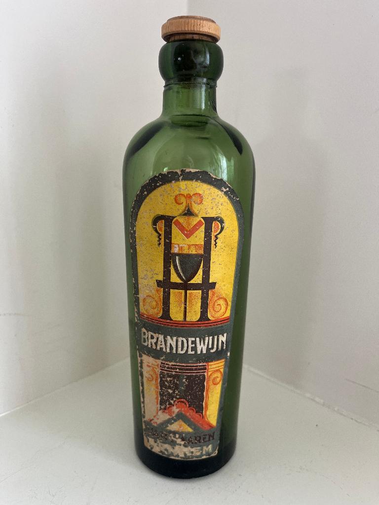 Brocante groene fles brandewijn met etiket van Noorderbos, Ophalen of Verzenden