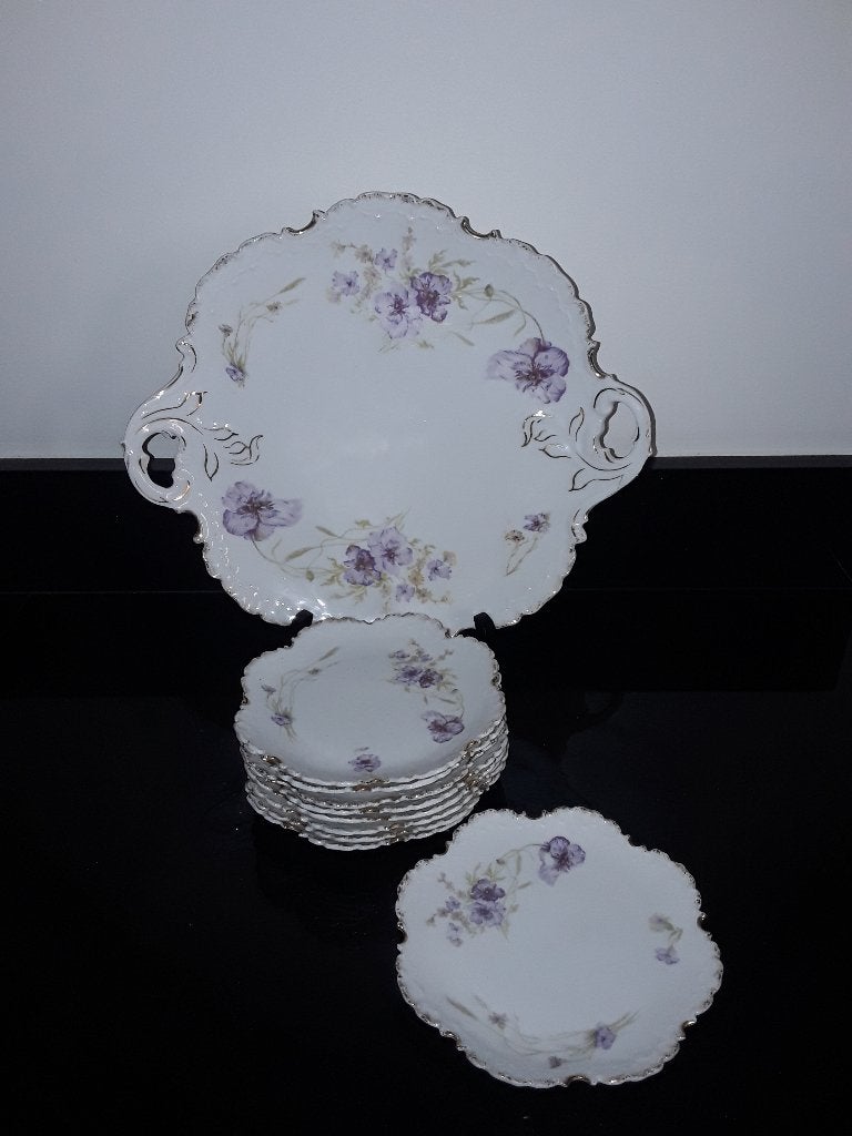 Antiek Rosenthal gebakstel met paarse anemonen, Verzenden