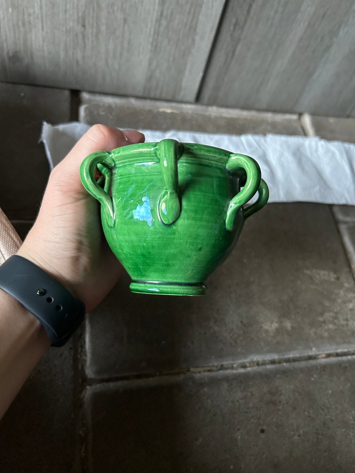 Groene marokaans tamegroute aardewerk pot met handvatten, Ophalen of Verzenden