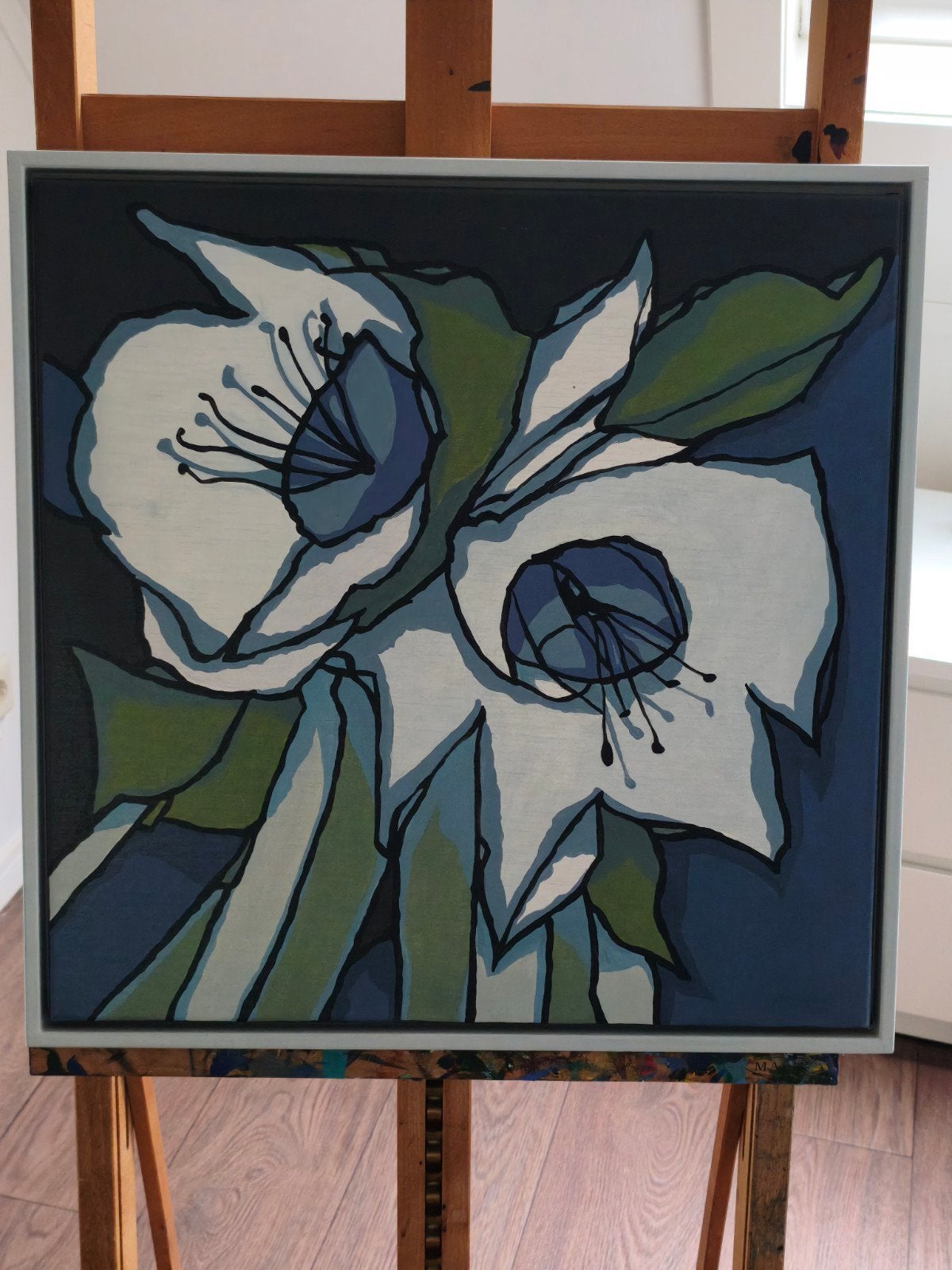 Modern schilderij met bloemen, acryl op doek, Ophalen, Acrylverf, Bloemen, Ingelijst
