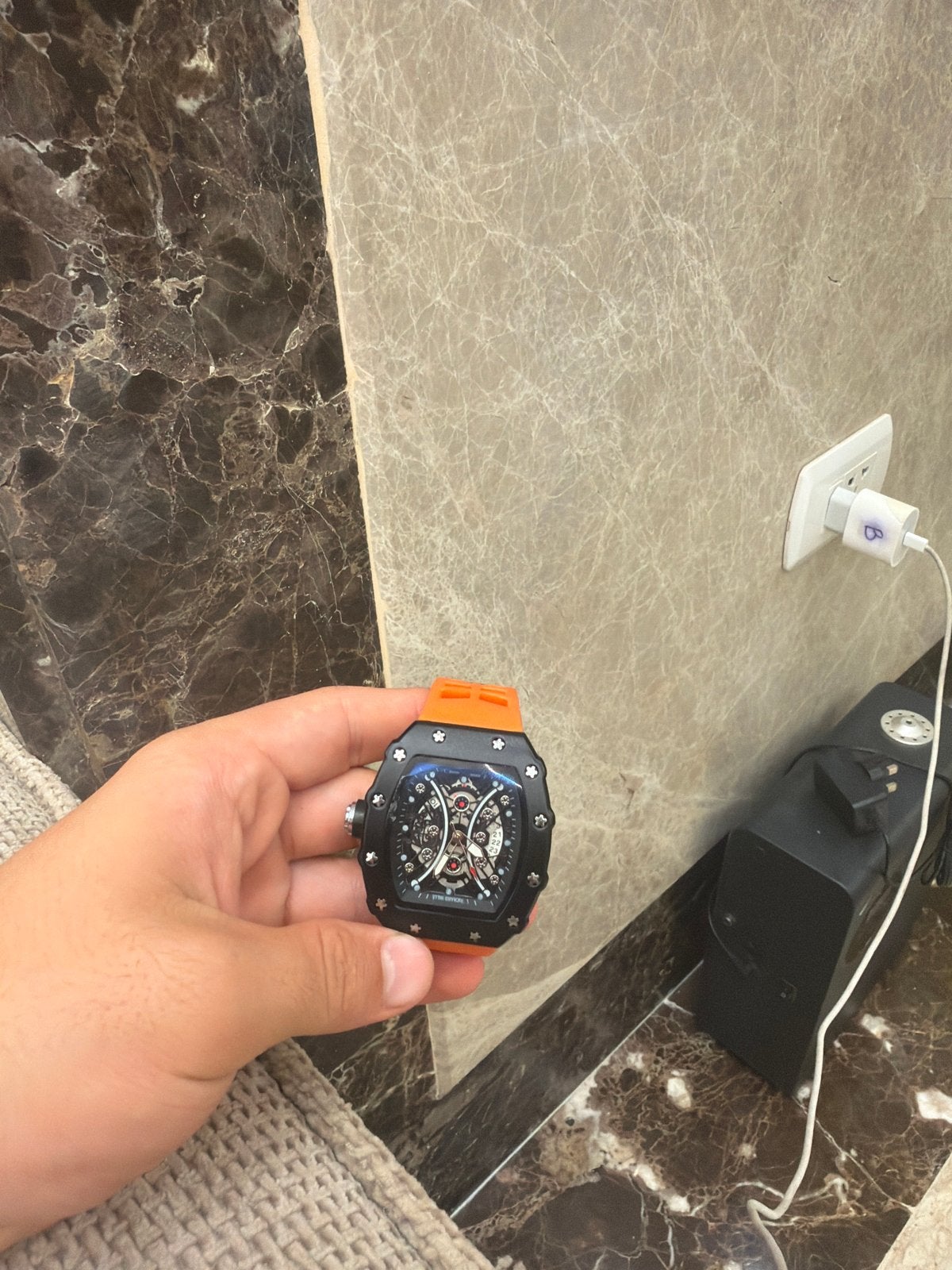 Richard Mille stijl horloge met oranje bandje, Overige merken, Kunststof, Gebruikt, Polshorloge