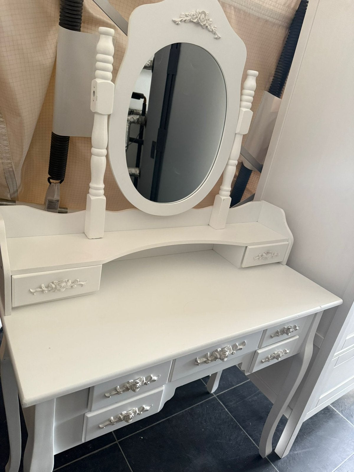 Witte kaptafel met spiegel en lades, Huis en Inrichting, Tafels | Kaptafels, Ophalen, Gebruikt, Hout, 100 tot 150 cm