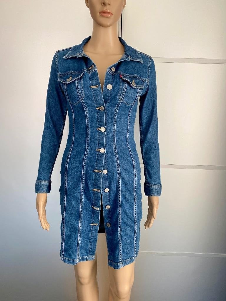 H319 Levi's:mt XS=34 spijkerjurk jurk jeans lang jasje Levis, Blauw, Ophalen of Verzenden, Zo goed als nieuw, Maat 34 (XS) of kleiner