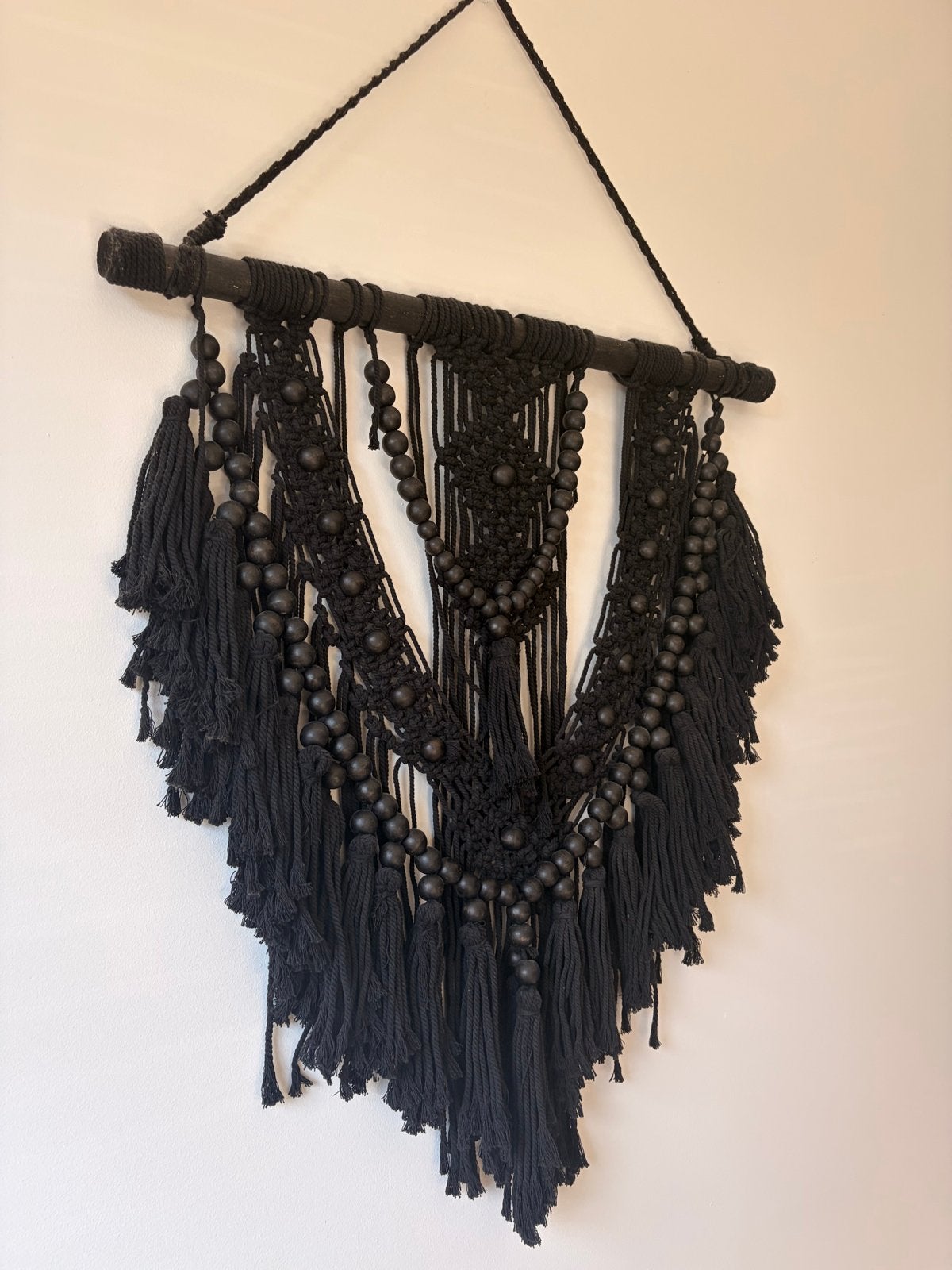 Zwarte Macrame Wandhanger met Houten Kralen - Boho Stijl, Zwart, Textiel, Ophalen of Verzenden, Zo goed als nieuw