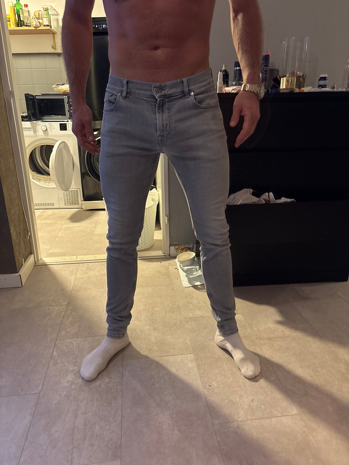 Stijlvolle lichtgrijze skinny jeans voor heren, Ophalen of Verzenden, Zo goed als nieuw, Grijs, W32 (confectie 46) of kleiner