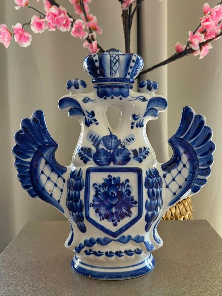 Gzhel Russische Wodka Kruik met Dubbele Adelaar, P. Kozul, Ophalen of Verzenden
