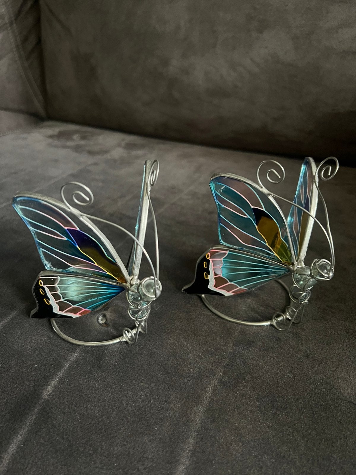 2 Vlinder Theelicht Houders Tyffany...Glas / Metaal., 12 cm, Meerkleurig, Waxinelichthouder, Ophalen of Verzenden