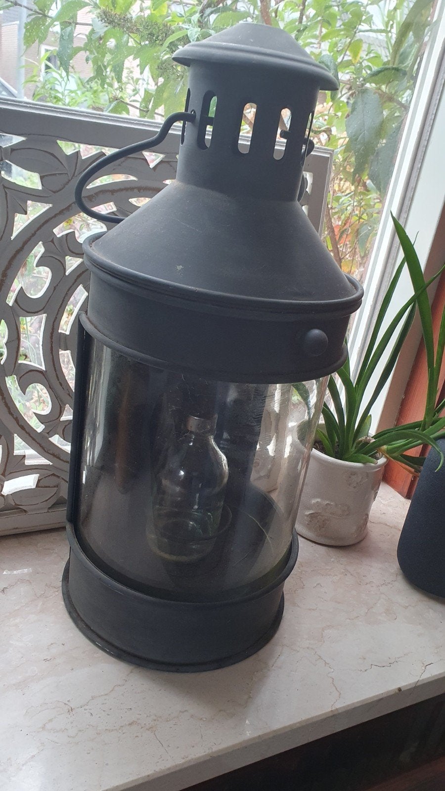 sfeervolle windlicht lantaarn met olieflesje, Ophalen, Gebruikt